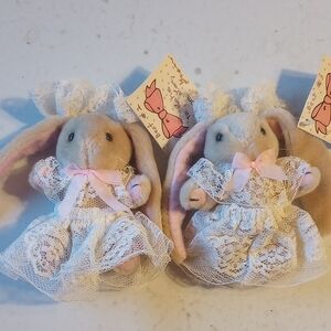 Set of 2 Tan Plush Easter Rabbits w/ Tags.  Bunnies, White Lace & Pink Bows